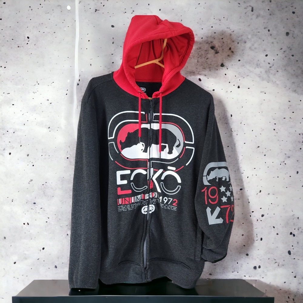 Vtg Ecko Unltd Hoodie Rhino Graphic Full Zip Black Red Urban Streetwear Hip Hop